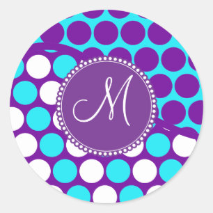 Sticker Rond Monogramme Turquoise initial Pois pourpres personn