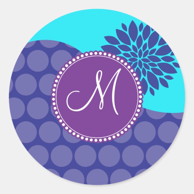 Sticker Rond Monogramme Turquoise initial Pois pourpres personn (Devant)