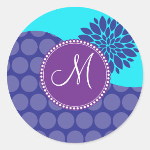 Sticker Rond Monogramme Turquoise initial Pois pourpres personn