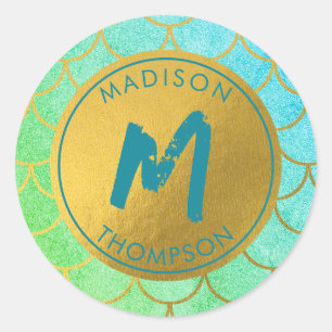 Sticker Rond Monogramme Turquoise Motif de Parties scintillant