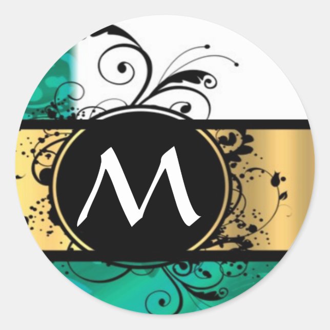 Sticker Rond monogramme turquoise vert et or (Devant)
