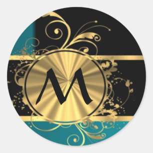 Sticker Rond monogramme turquoise vert vintage personnalisé