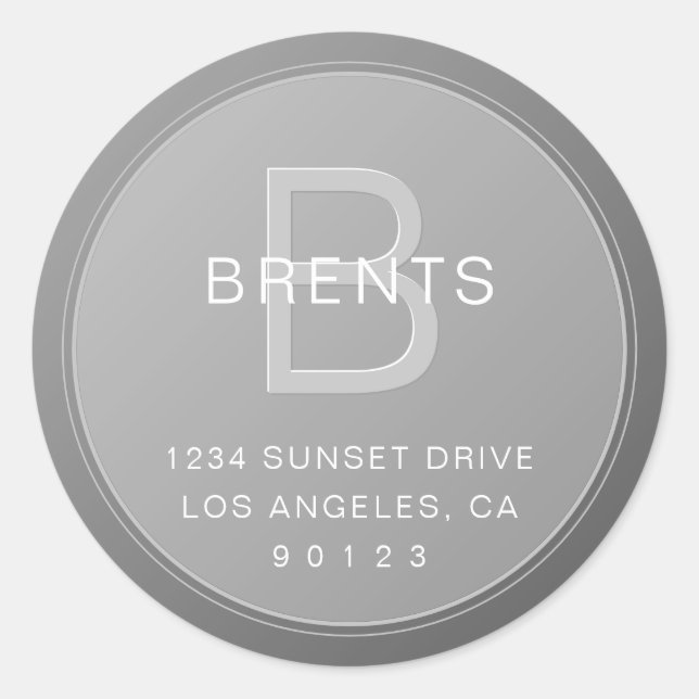 Sticker Rond Monogramme Unique Gris Dégradé Adresse de Retour (Devant)