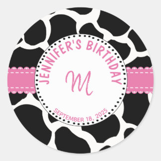 Sticker Rond Monogramme Vache noire rose Imprimer Nom de l'anni