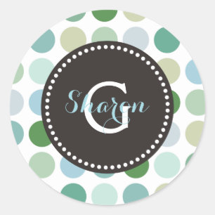 Sticker Rond Monogramme vert coloré chic de motif de pois