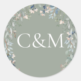 Sticker Rond Monogramme vert fleur sauvage Floral Sage