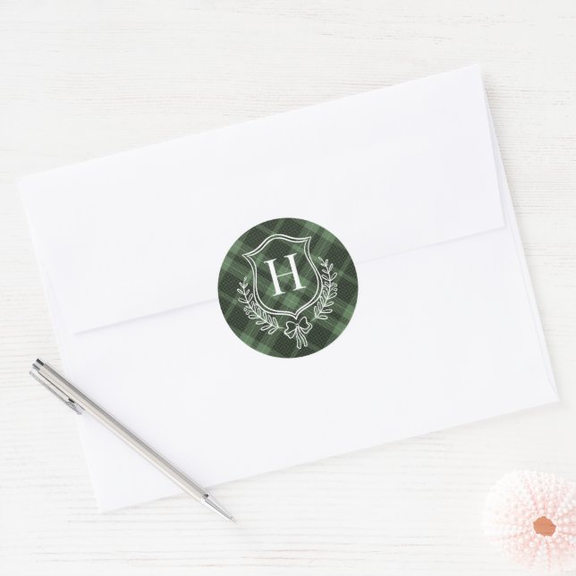 Sticker Rond Monogramme vert Plaid Noël initial (Enveloppe)