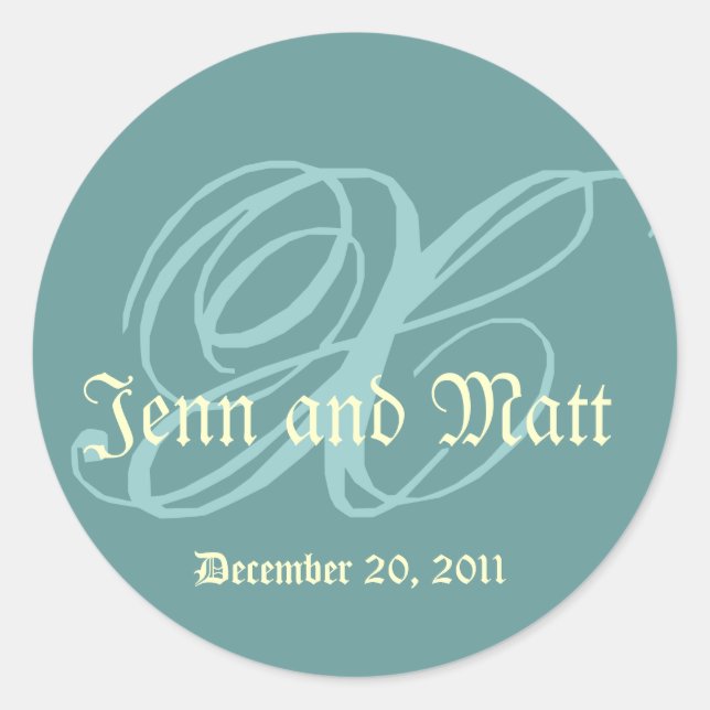 Sticker Rond Monogramme X Noms du Mariage Date Blue Cream Seal (Devant)