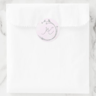 Sticker Rond Monogrammes Aquarelle Gris Tourtereaux Branche Cou