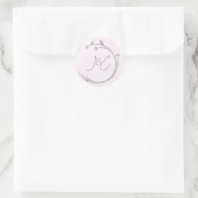 Sticker Rond Monogrammes Aquarelle Gris Tourtereaux Branche Cou (Sac)