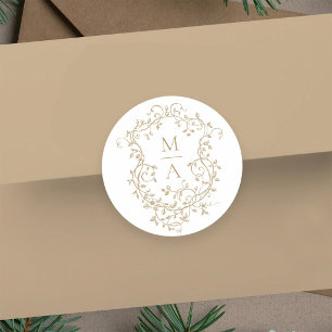 Sticker Rond Monogrammes de crête florale classique or