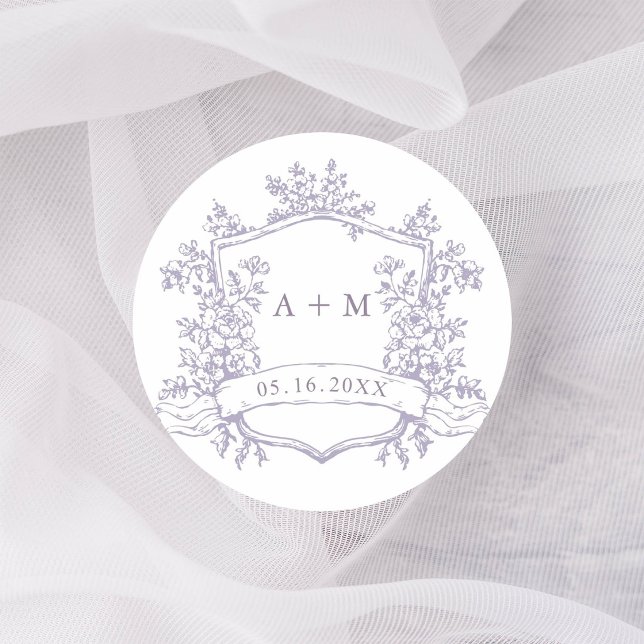 Sticker Rond Monogrammes de crête florale de lavande classique (Créateur téléchargé)