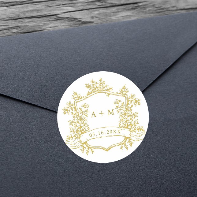 Sticker Rond Monogrammes de crêtes florales d'or classique (Créateur téléchargé)