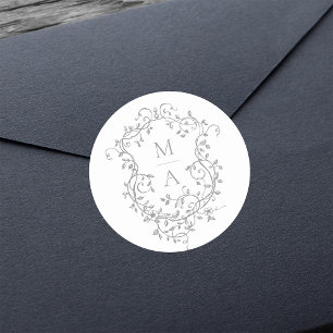 Sticker Rond Monogrammes de crêtes florales grises