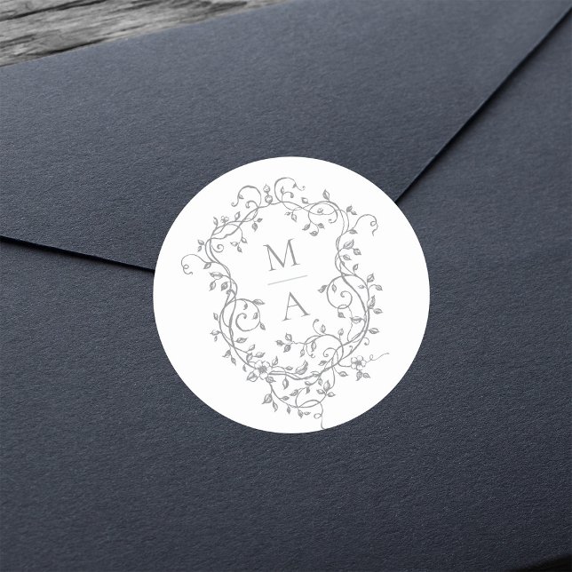 Sticker Rond Monogrammes de crêtes florales grises (Créateur téléchargé)