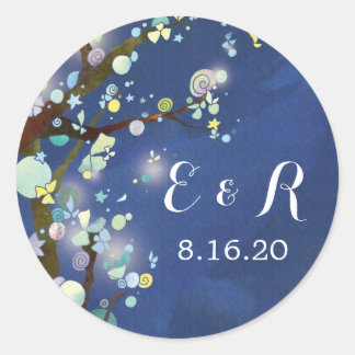 Sticker Rond Monogrammes de Mariage bleu de la forêt nocturne