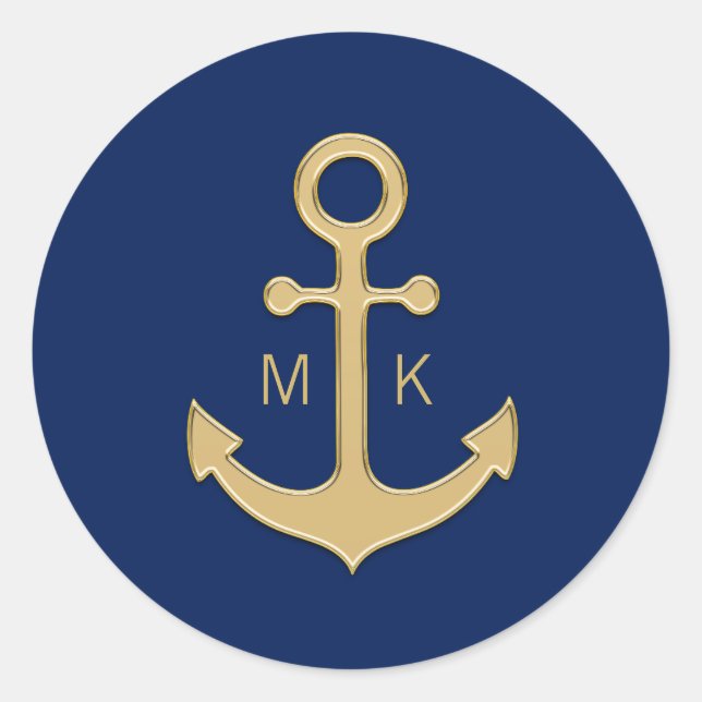 Sticker Rond MONOGRAMMES DE Mariage d'Ancre d'or bleu marine (Devant)