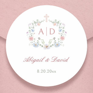 Sticker Rond Monogrammes de mariage religieux à cadre floral
