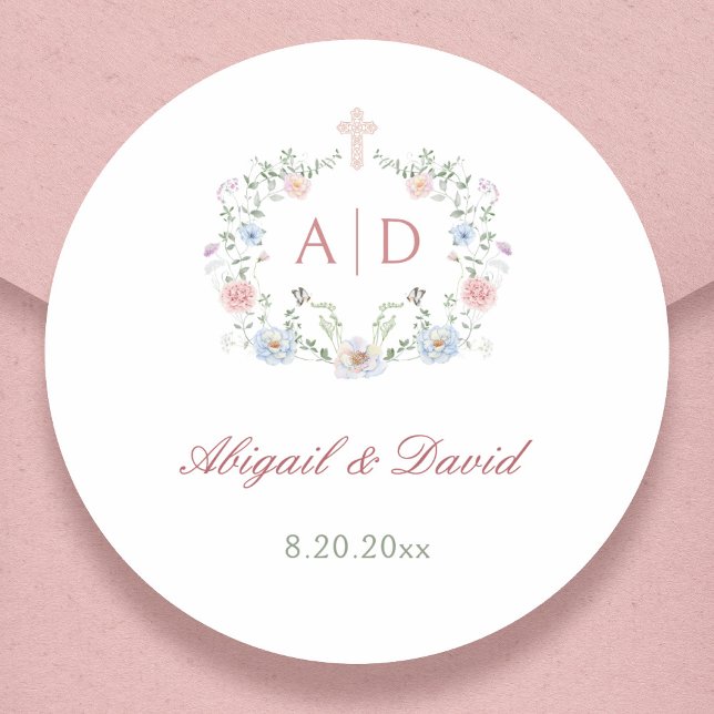 Sticker Rond Monogrammes de mariage religieux à cadre floral (Créateur téléchargé)