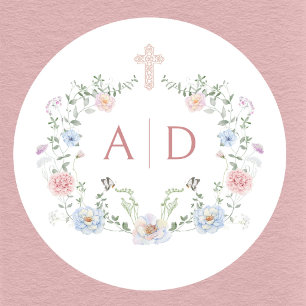 Sticker Rond Monogrammes de mariage religieux à cadre floral él