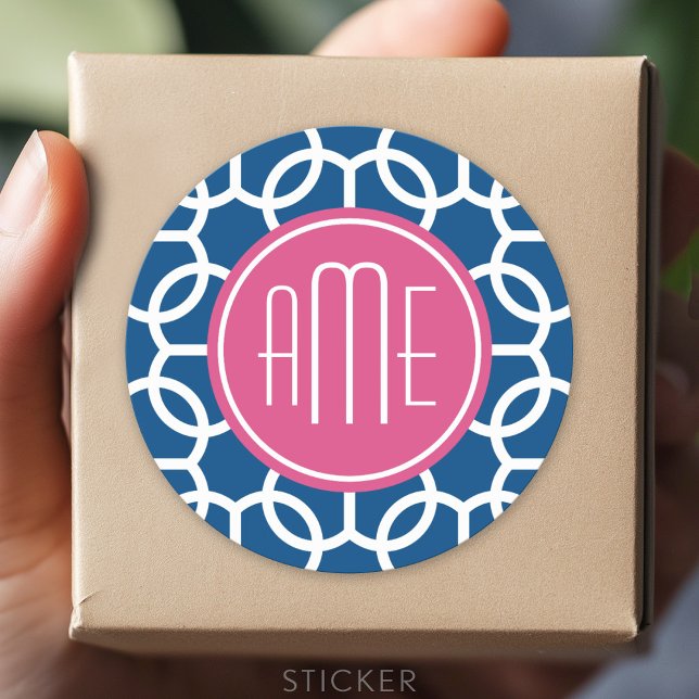 Sticker Rond Monogrammes de Motif géométrique rose et bleu chau (Custom Sticker for Party Favors and Envelopes)