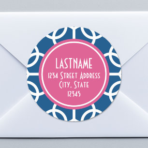 Sticker Rond Monogrammes de Motif géométrique rose et bleu chau