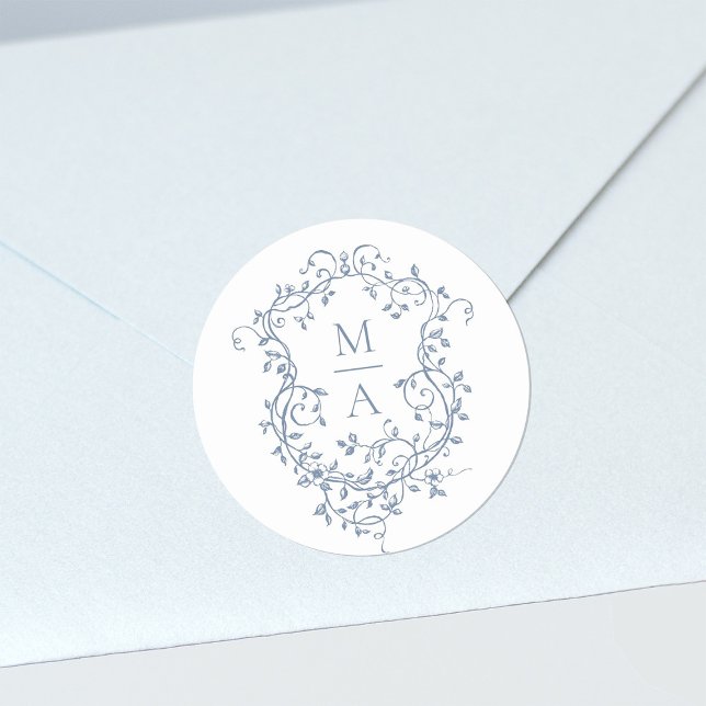 Sticker Rond Monogrammes de poitrine florale Bleu Élégant (Créateur téléchargé)