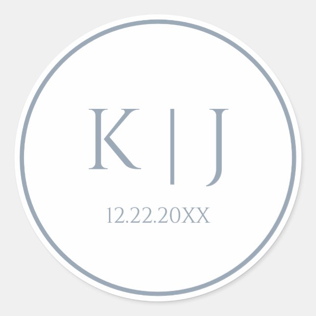 Sticker Rond Monogrammes Dusty Blue Elegant minimaliste Mariage (Devant)