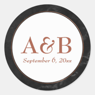 Sticker Rond Monogrammes en cuivre et date sur le marbre noir