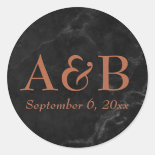 Sticker Rond Monogrammes en cuivre et date sur marbre noir