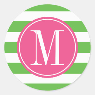 Sticker Rond Monogrammes personnalisés avec bandes rose et vert