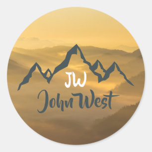Sticker Rond Monographie de montagnes personnalisables Gold sun