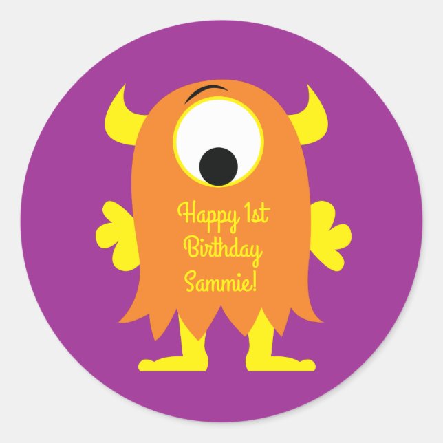 Sticker Rond Monster Cute Funny 1er anniversaire Thème de fête (Devant)