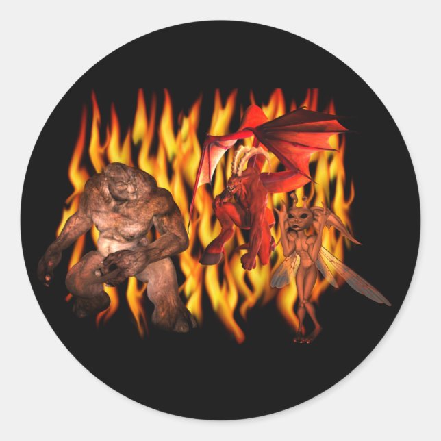 Sticker Rond Monster Demon Goblin Flames Halloween (Devant)