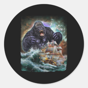 Sticker Rond Monster Gorilla En Kraken Attaque Un Bateau De Gue
