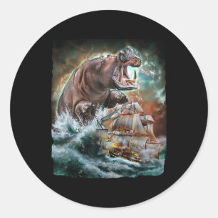 Sticker Rond Monster Hippo Dans L'Attaque De Kraken D'Un Bateau