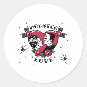 Sticker Rond Monster Love Bride de Frankenstein Tattoo Vintage