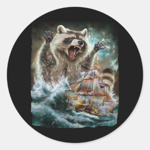 Sticker Rond Monster Raccoon En Attaque De Kraken À Un Bateau D