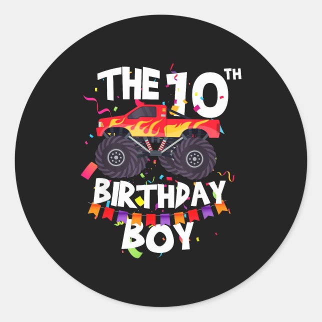 Sticker Rond Monster Truck 10th Birthday Boy Funny 10 Years Old (Devant)