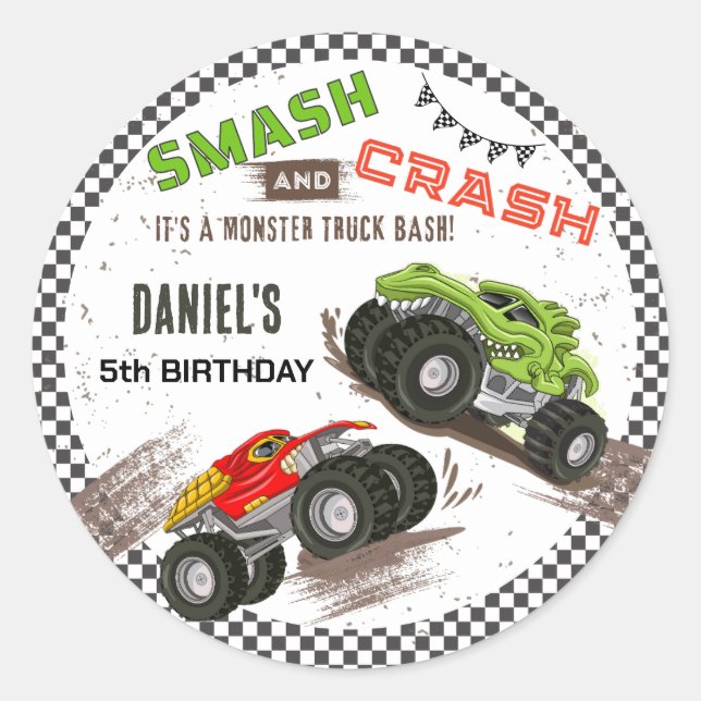 Sticker Rond Monster truck bash cool modern cute 5th birthday  (Devant)