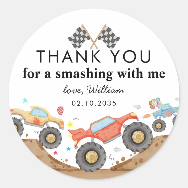 Sticker Rond Monster Truck Bash Race Anniversaire de enfant Mer (Devant)