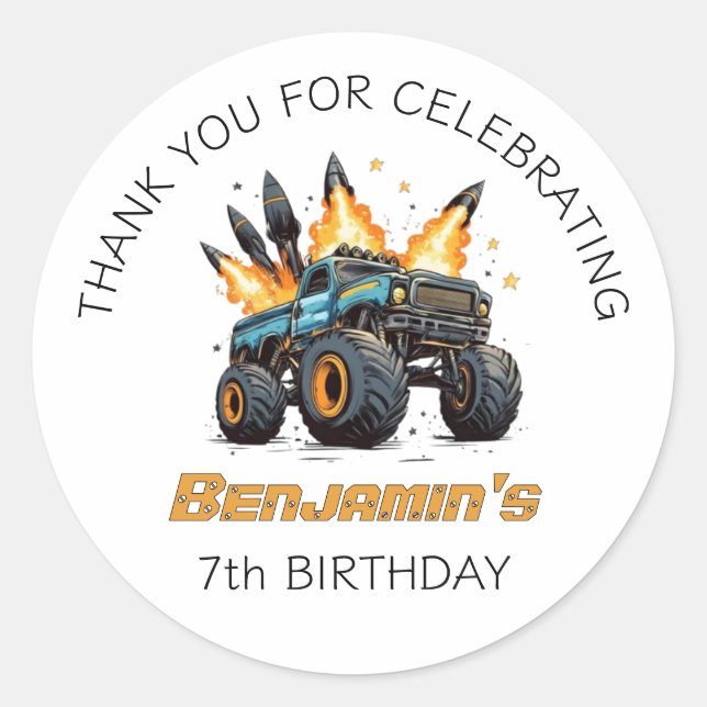 Sticker Rond Monster Truck Boys Merci Anniversaire Célébration (Devant)