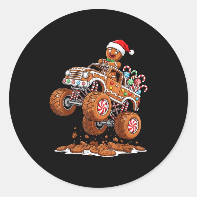 Sticker Rond Monster Truck Gingerbread Man Funny Christmas Baki (Devant)