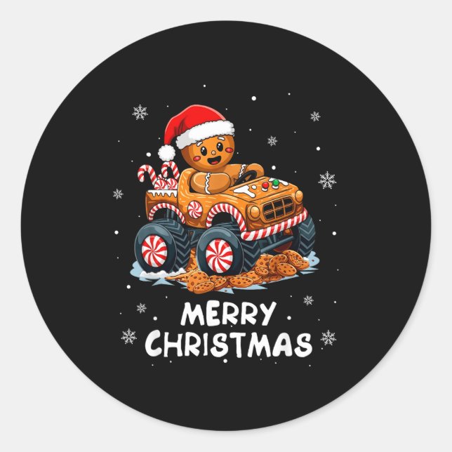 Sticker Rond Monster Truck Gingerbread Man Funny Merry Christma (Devant)