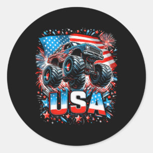 Sticker Rond Monster Truck Usa Drapeau Américain 4 Juillet