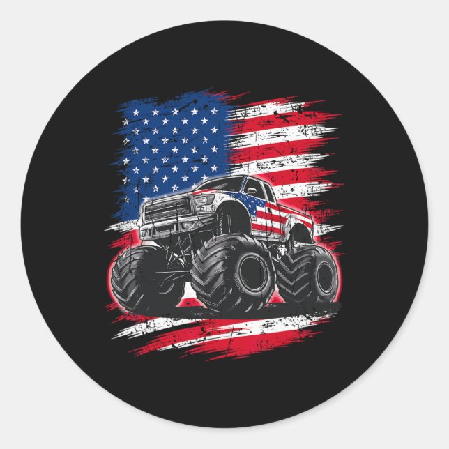 Sticker Rond Monster Truck Usa Flag American For Women Girls Ki (Devant)