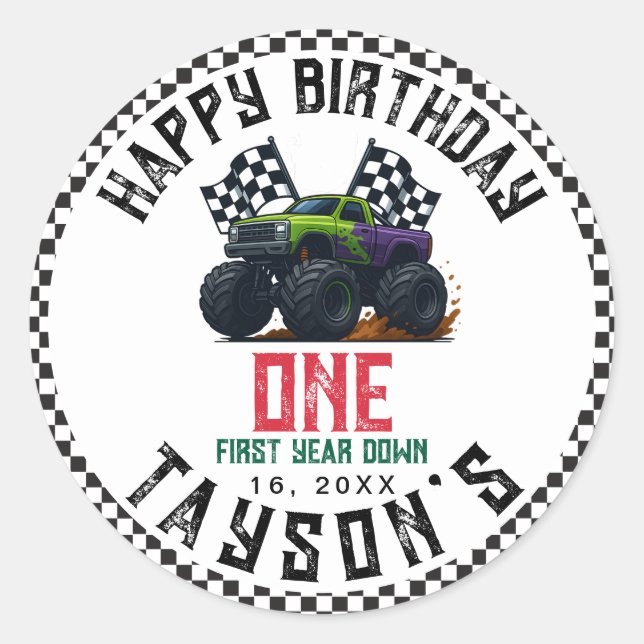 Sticker Rond Monster Trucks 1st Birthday Vroom Party (Devant)