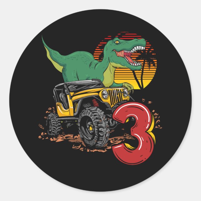 Sticker Rond Monster Trucks Dinosaur T-Rex 3e anniversaire garç (Devant)