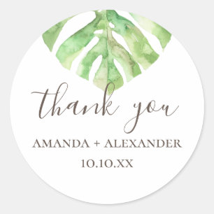 Sticker Rond Monstera. Aquarelle remerciement de mariage tropic