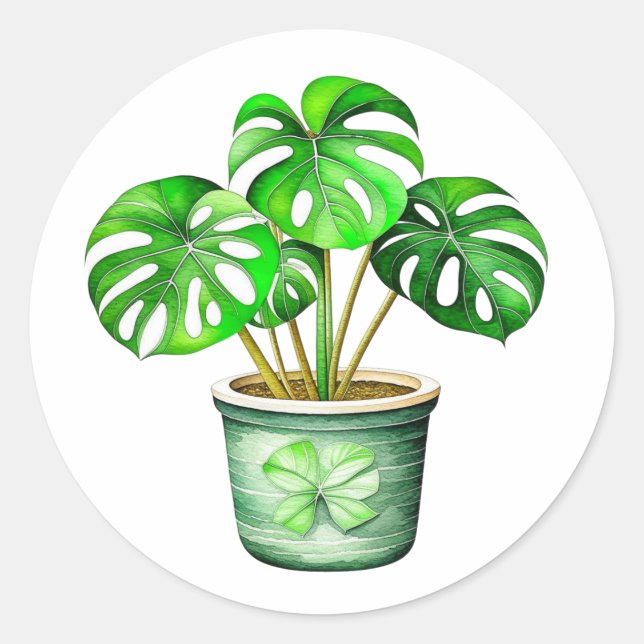Sticker Rond Monstera Plante dans un pot aquarelle Ai Art (Devant)